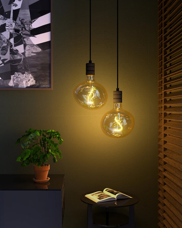 Two hanging light bulbs in a dimly lit room with a plant and book on a table.