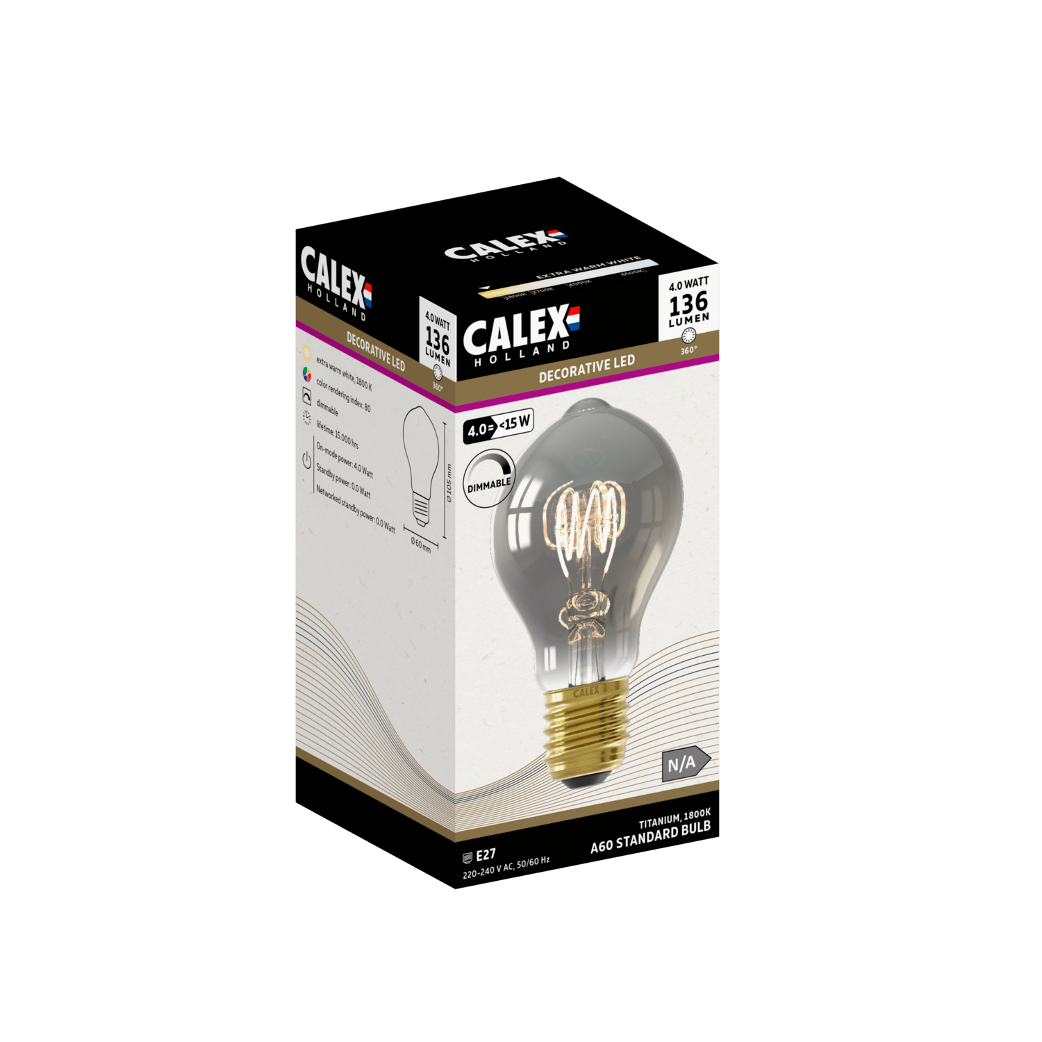 Calex Led Filament Calex Flex Filament LED Lamp - E27 - A60 - Titanium