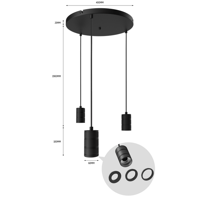 Calex Hanging Lamp Round - 3x E27 - 40cm - Black
