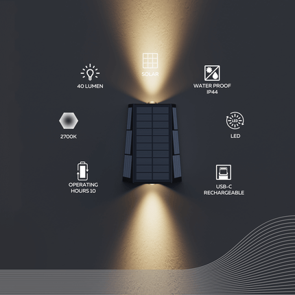 Calex Matera Solar Wall Light - Up & Down - Black