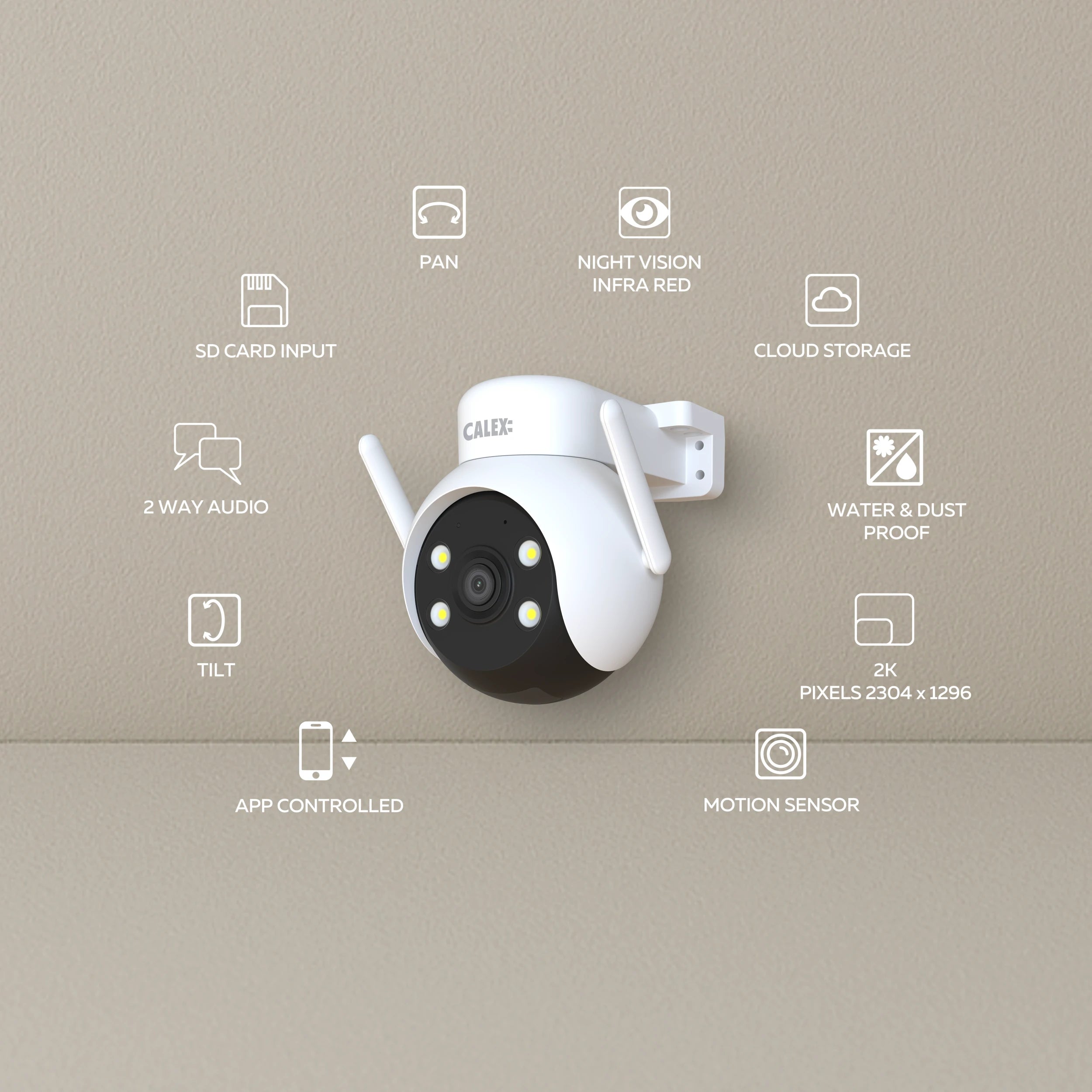 Calex Smart Security starterset, 2K video‑deurbel 2K PTZ‑Buitencamera Binnencamera met Spotlight Calex Smart Security starterset, 2K video‑deurbel 2K PTZ‑Buitencamera Binnencamera met Spotlight