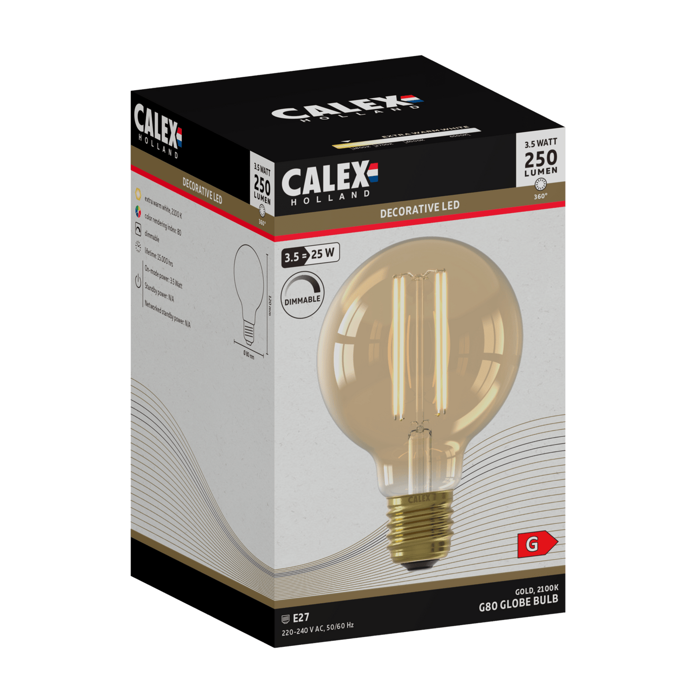 Calex Led Filament Calex Warm Filament LED Bulb - E27 - G80 - Gold